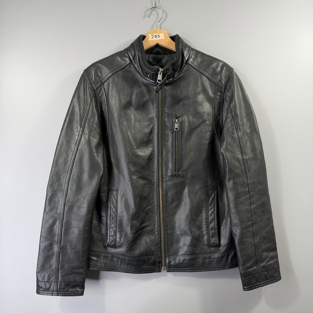 Cole Haan Leather Jacket Mens Small Black Full Zip Stand Collar Casual Lined